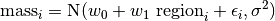 \textrm{mass}_{i} = \textrm{N}(w_{0} + w_{1} \textrm{ region}_{i} + \epsilon_{i}, \sigma^{2})